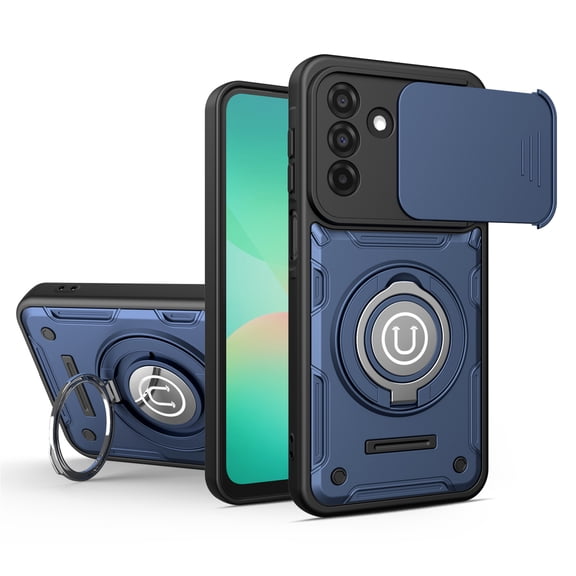 for Samsung Galaxy A17 5G Slim Case with 360° Rotation Magnetic Ring, Compatible with MagSafe Sliding Camera Cover Foldable Stand Military-Grade Shockproof Protective Phone Case Cover, Darkblue
