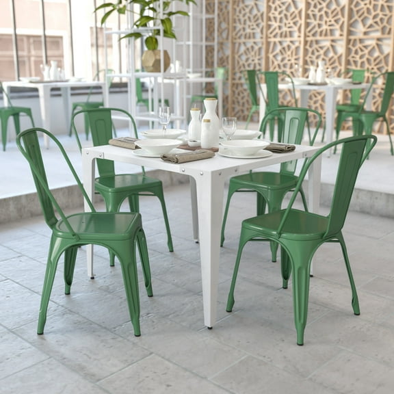 Emma Oliver 4 Pack Green Metal Indoor-Outdoor Stackable Chair - Restaurant Chair - Bistro Chair
