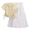 thumbnail image 2 of qelini Girls 2 Piece Outfit 8-16Years Mock Layer Short Sleeve Top with White Skirt Casual Summer for Teens Solid Color Summer Wear, 2 of 8