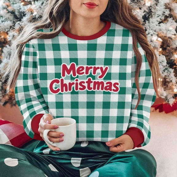 Womens Tops Plus Size Christmas Plaid Printed Long-sleeved Fleece Round-neck Vintage Letter Casual Sporty Sweatshirt Green M