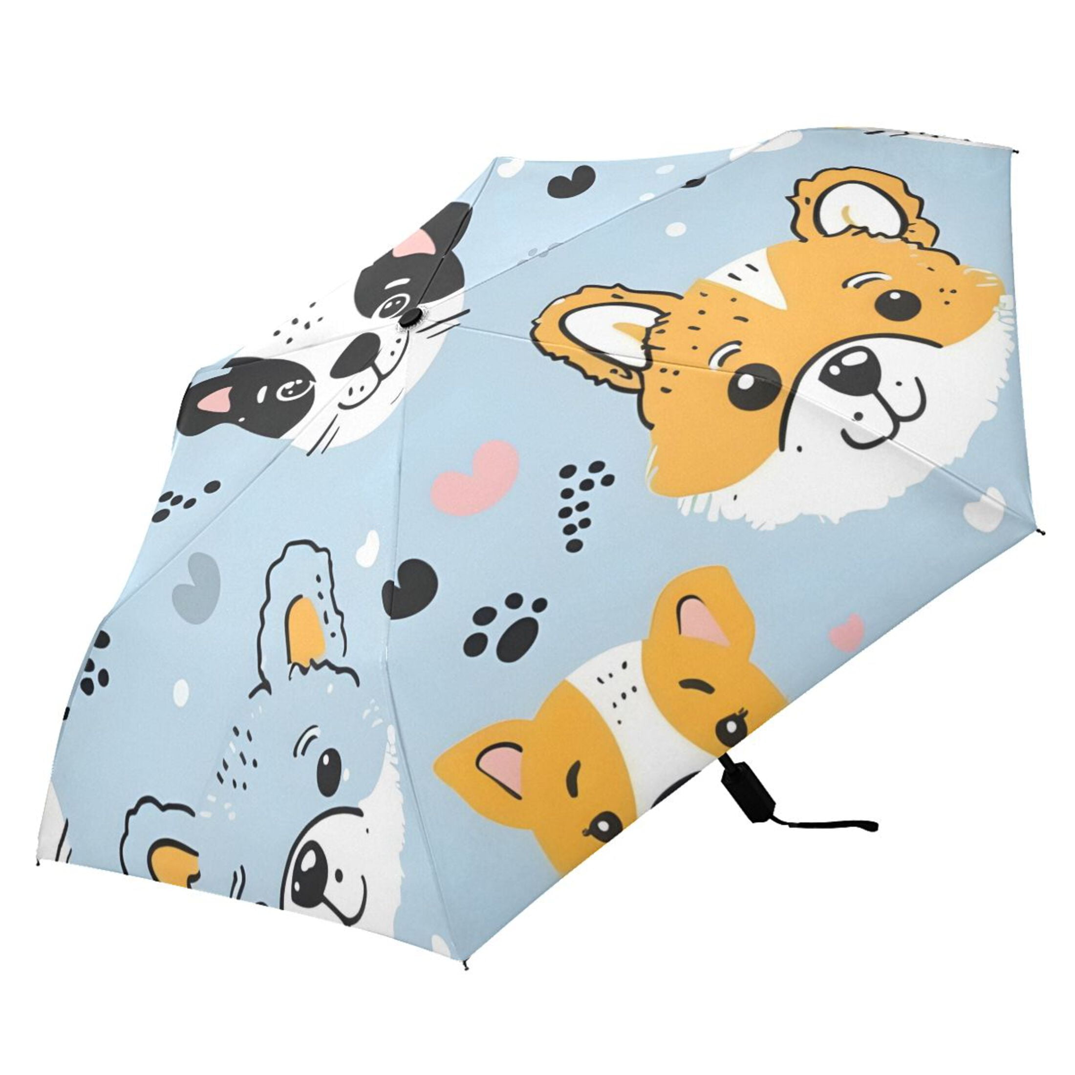 Cute Doodle Dogs Paw Prints Hearts All Weather Umbrella Triple Folding Parasol 6 Ribs UV Protection Portable