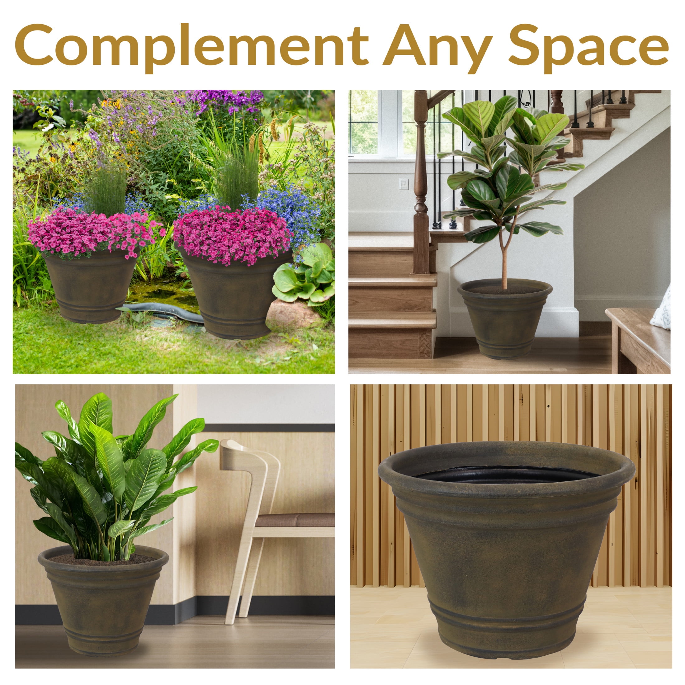 Sunnydaze Franklin 20" x 20" x 14.75" Round Sable Polyresin Outdoor Planter Pot 2-Count
