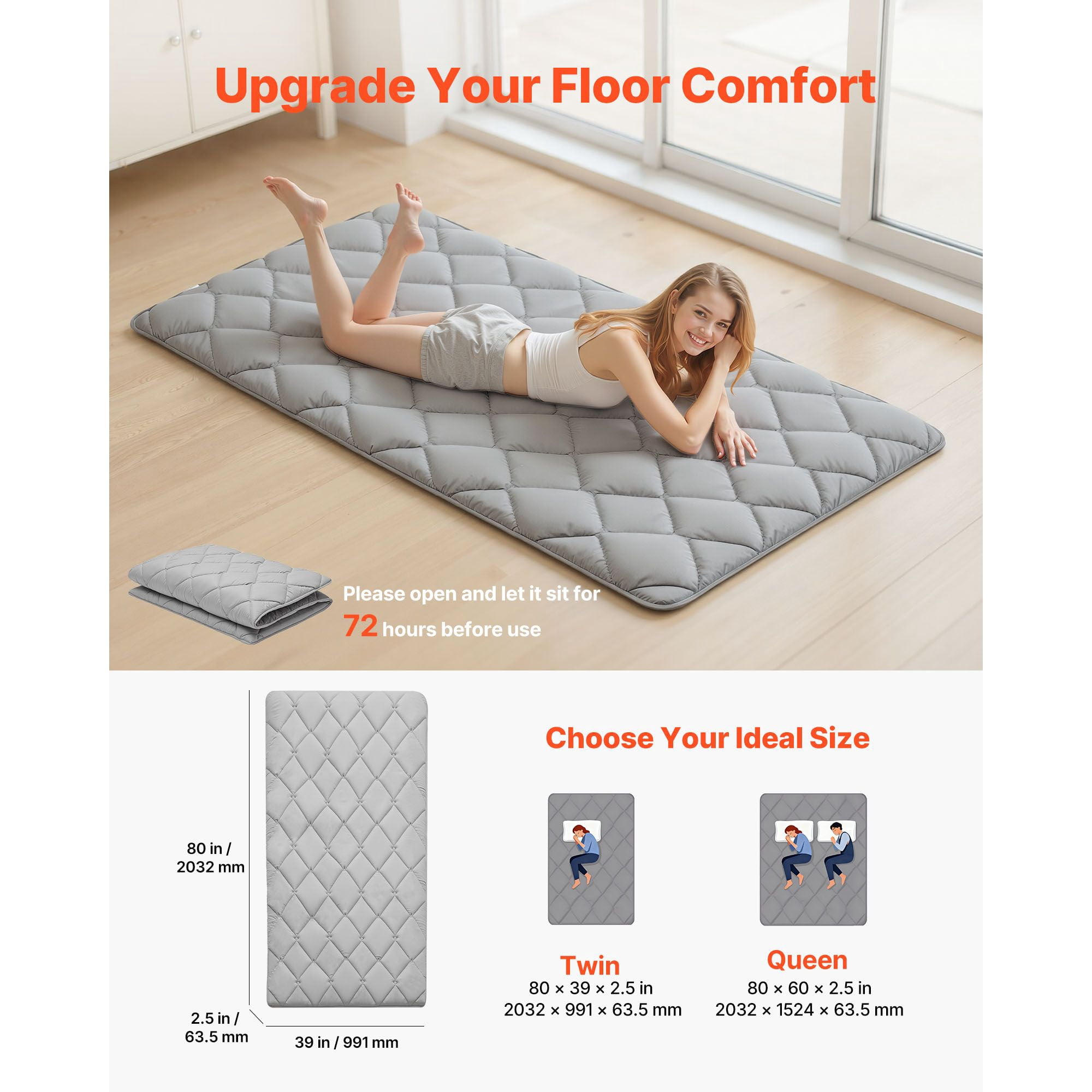 Japanese Tatami Mat Twin Size 80x39x2.5", 9-Layer Support, Memory Foam, Storage Bag, Gray, for Floor Sleeping Meditation Yoga