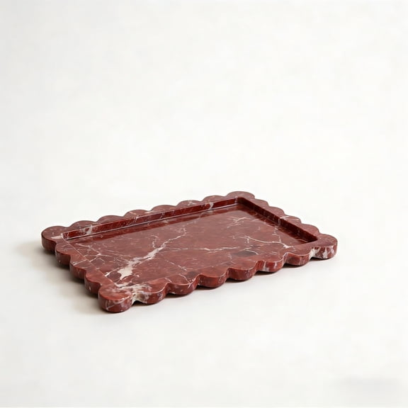 Real Natural Rosa Levanto Scalloped Marble Tray (11.8" X 7.87") - Luxury Decorative Organizing Tray for Bathroom Vanity, Dresser, Home Decor