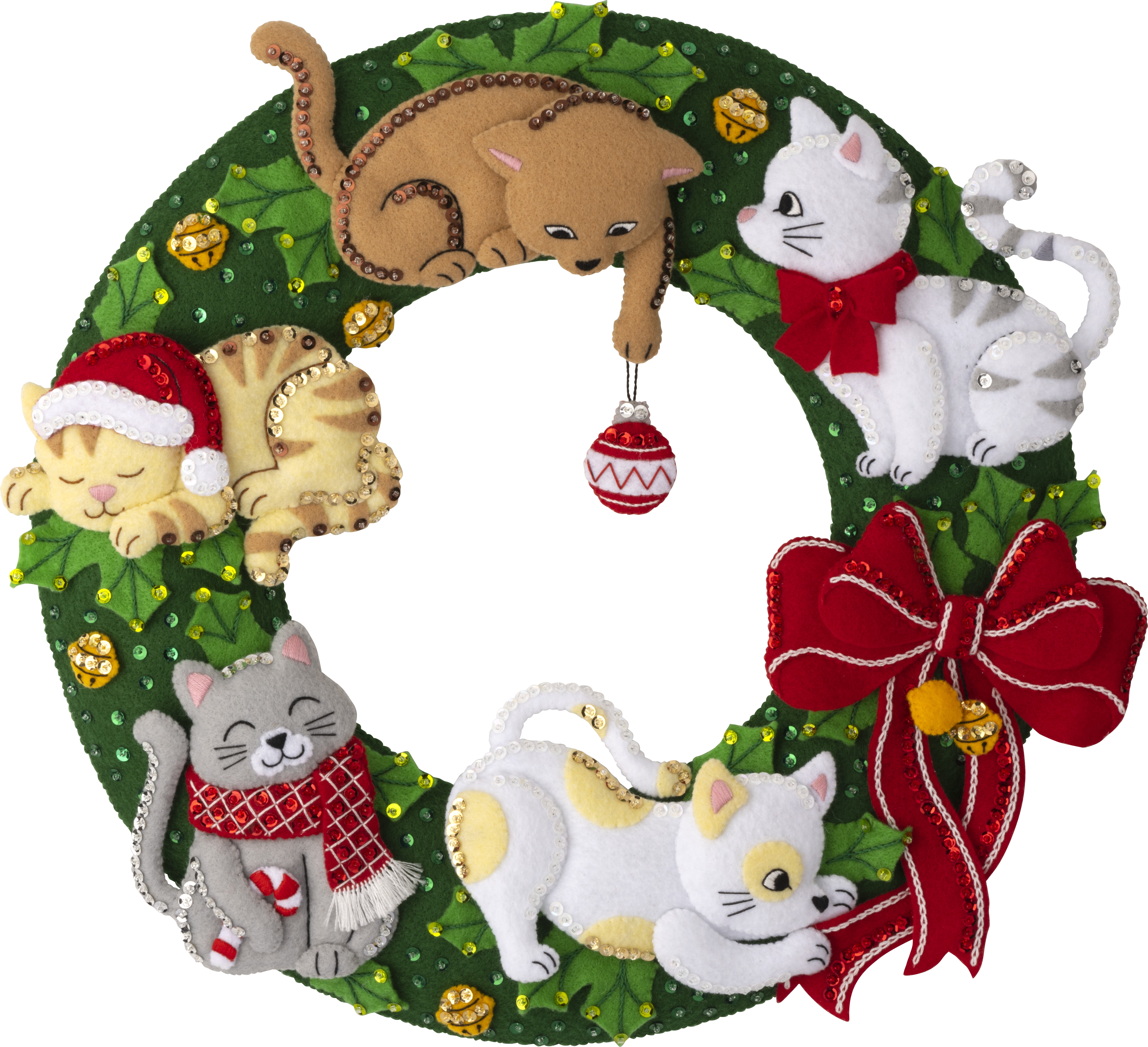 Bucilla Embroidery Holiday Wreath Kit, Felt Applique, Holiday Housecats