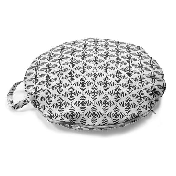 Abstract Round Floor Cushion with Handle, Geometric Folk Mosaic Star Shaped Tiles Motif Ethnic Traditional Art, Pillow for Living Room & Dorms, 18" Round, Off White Charcoal Grey, by Ambesonne