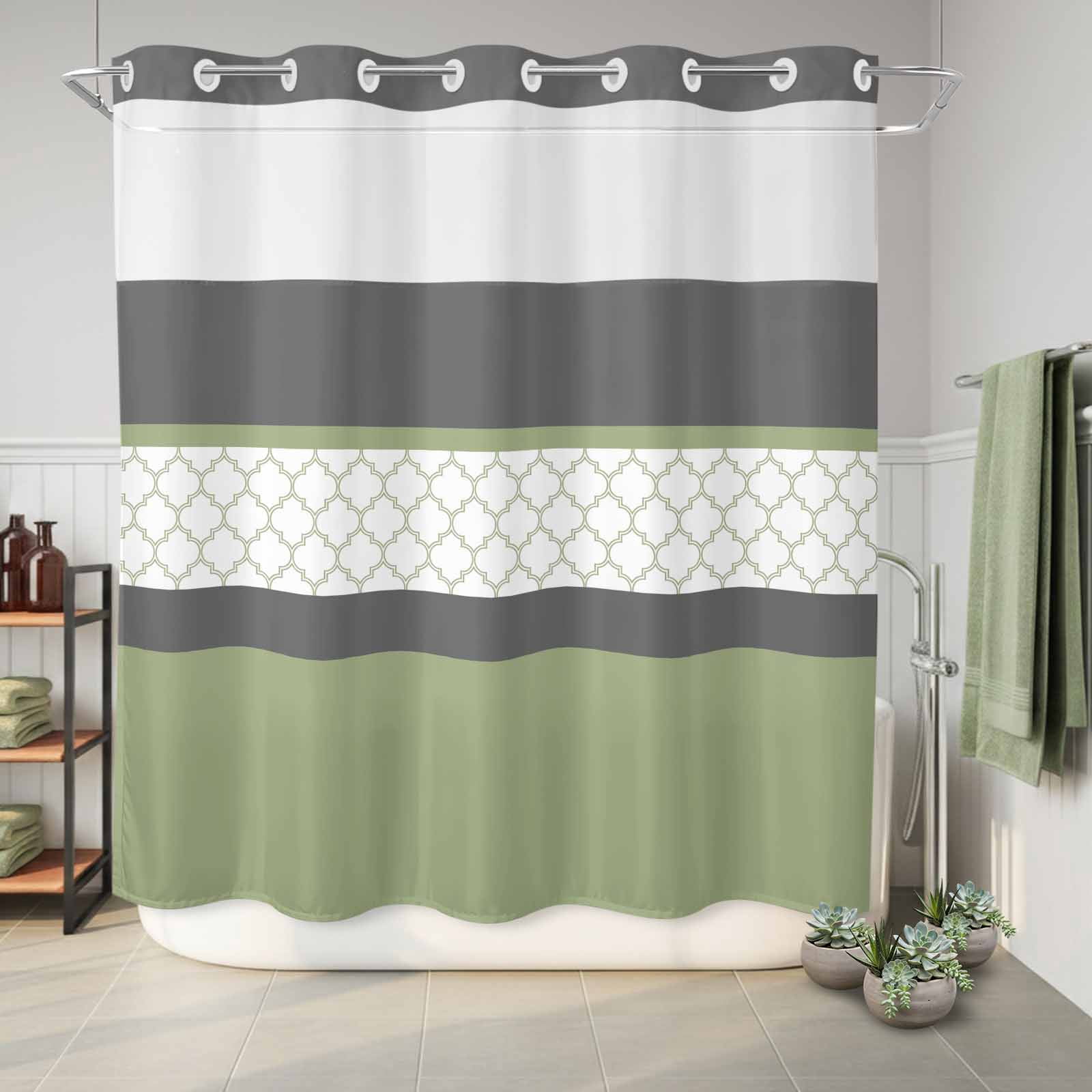 No Hook Shower Curtains for Bathroom Sage Green Morocco Waterproof Shower Curtain Decorative Modern Stitching Geometric Striped Grey Bath Tub Bath Curtains with See Through Top Window 72x72 Inch