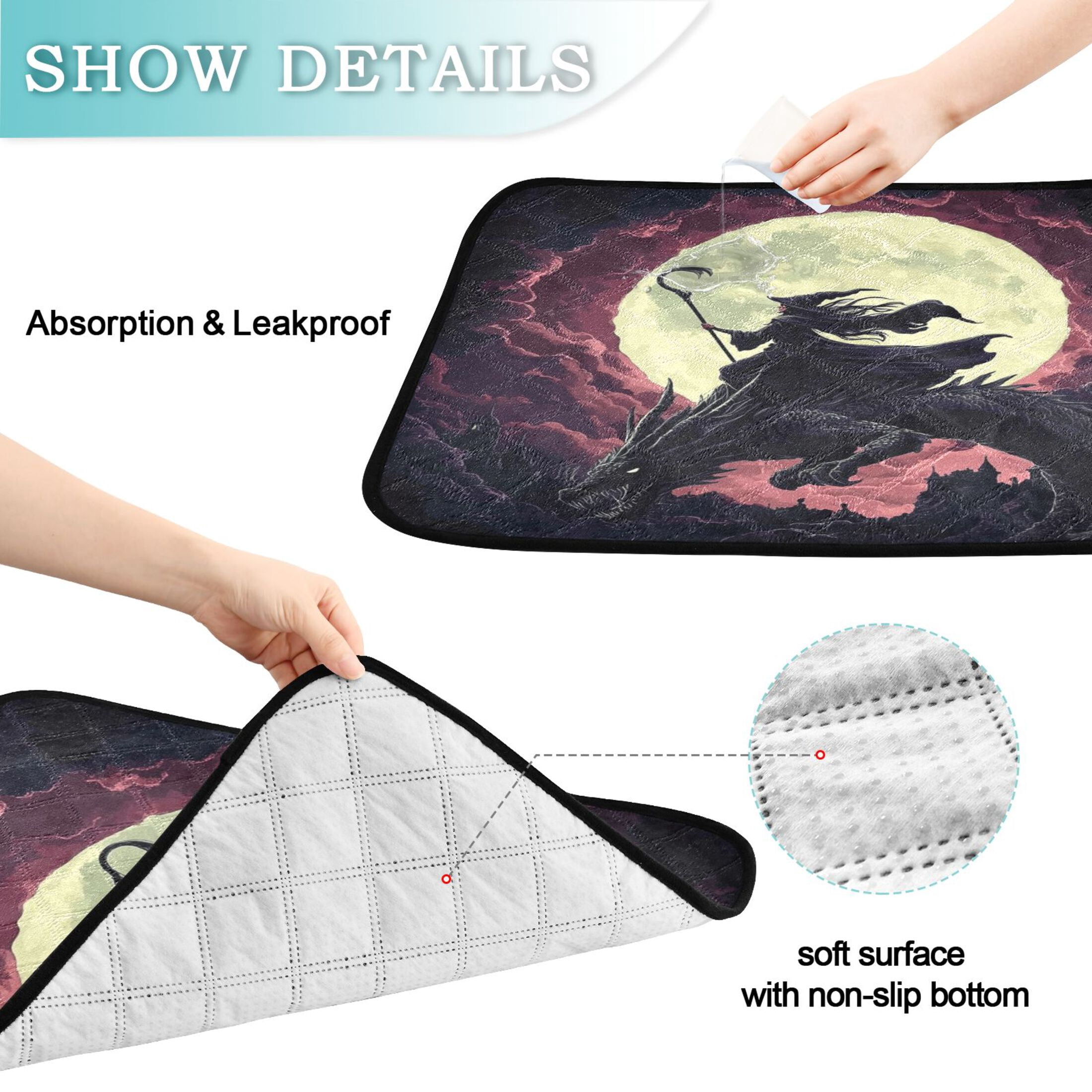 Qxltty Witches and Black Dragon Cat litter Pads Pet Set of 3 Diaper Mats Center Anti-leakage Layer Absorbent Soft and Comfortable