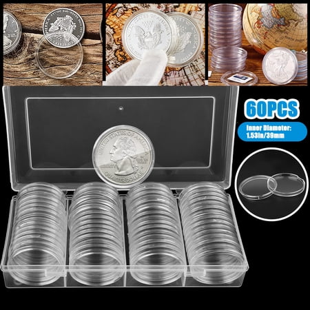 Celectigo 60-Piece 39mm Plastic Coin Capsules with Storage Organizer Box