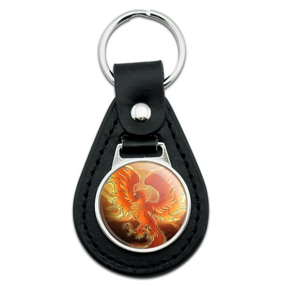 Phoenix Rising from the Flames Black Leather Keychain