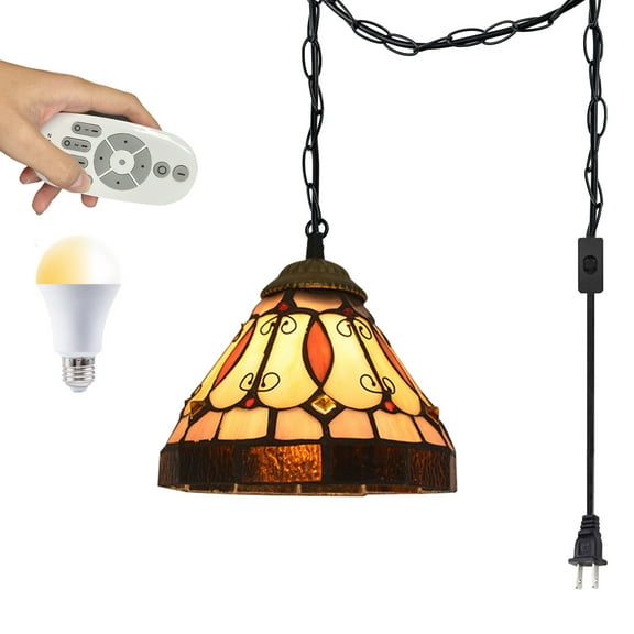 Kiven Plug in Iron Pendant Light, Tiffany Hanging Light with Remote Control and 15FT Plug-in Cord, Dimmable Ceiling Pendant Light for Bedroom Hallway Foyer Kitchen Island,1-Light