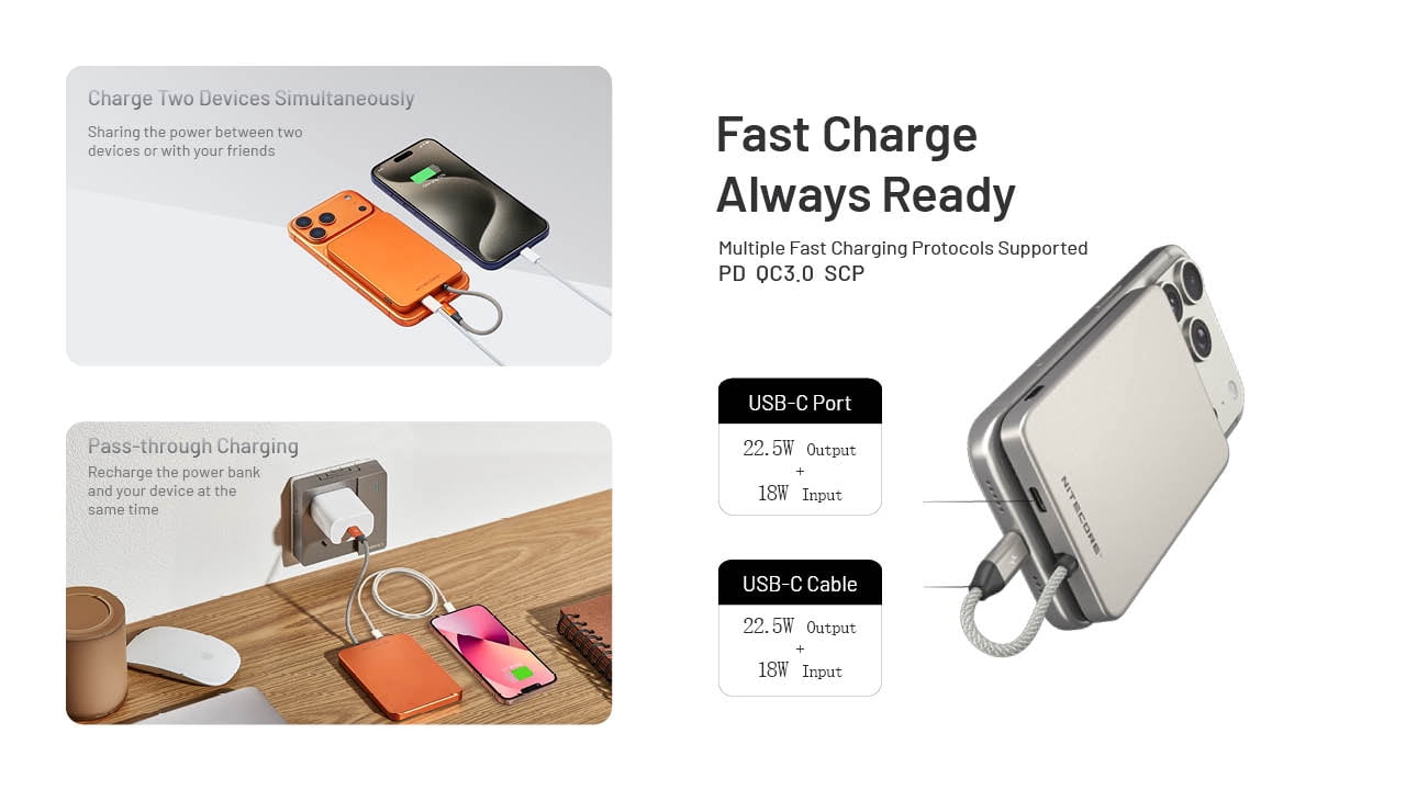 Nitecore POCKET 5 Magnetic Power Bank with Built-In Cable (Orange) + Nitecore Sticker