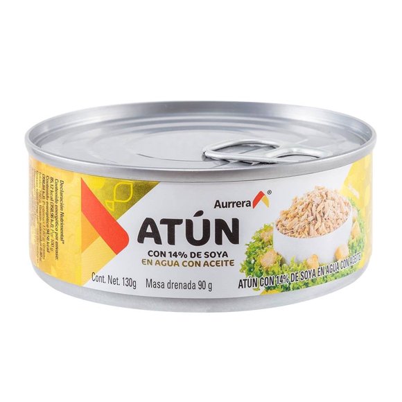Atún Aurrera con 14% de soya en agua con aceite 130 g