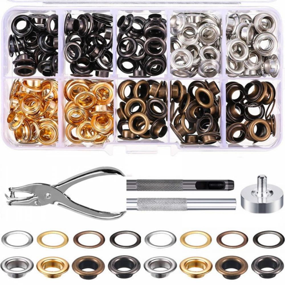 Grommet Tool Kit Eyelets and Grommets for Fabric Belt Clothes Leather DIY Craft 200 Sets Metal Grommets Eyelets 1/2 1/4 2/5 3/16 with Washers and Storage Box Gold & Silver