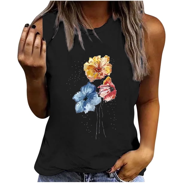 Camiseta holgada sin mangas con cuello redondo y estampado de flores informales de verano para mujer Pompotops lopia994325