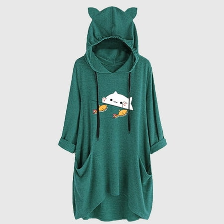 sebulube Women's Ear Hat Mid-length Blouse Mid-sleeve Cute Printed Hooded Loose Top