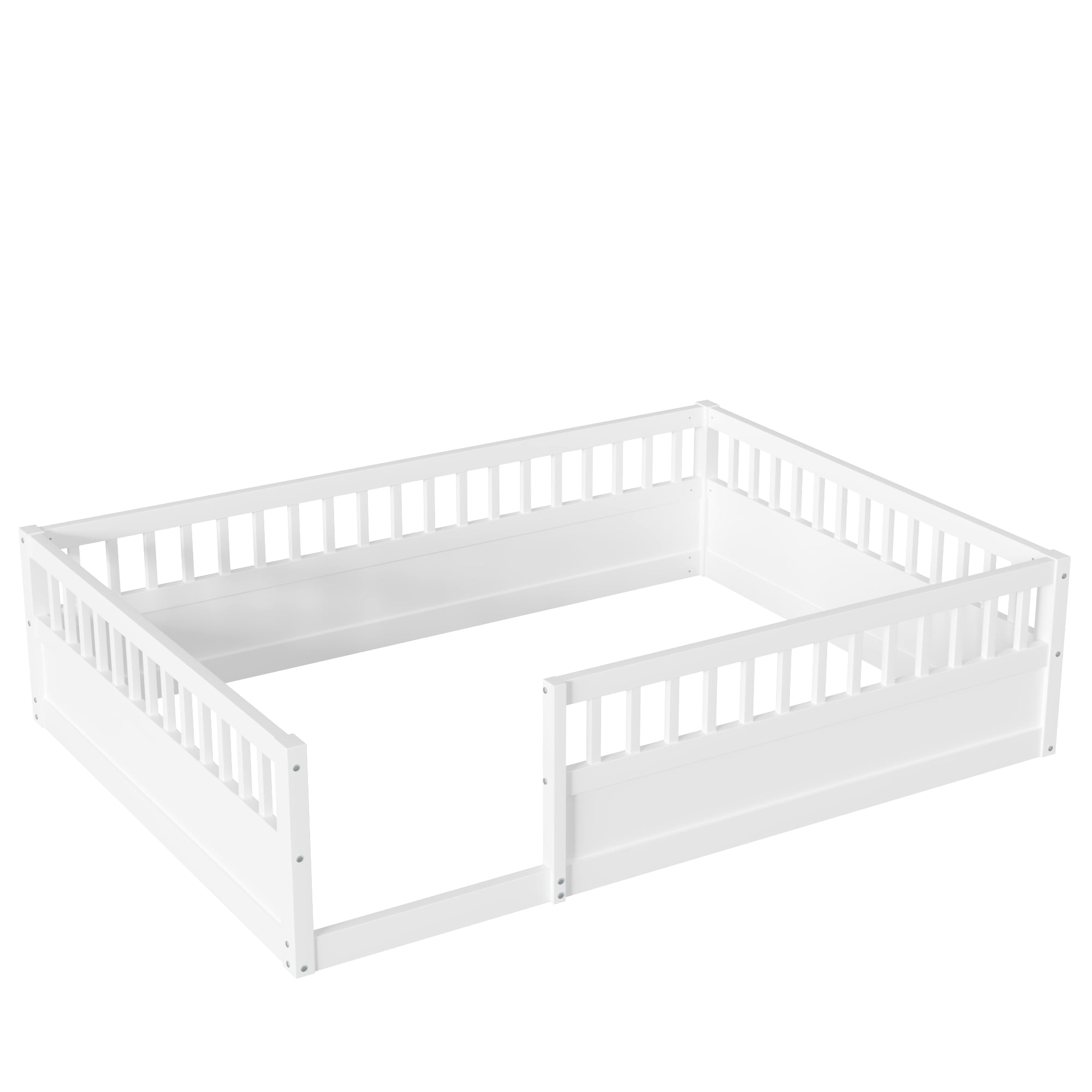 Aukfa Full Size Bed Frame with High Fence, Wood Montessori Floor Bed for Kids Toddler, White