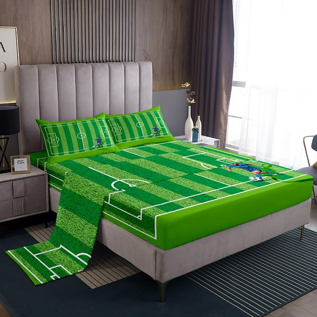 YST Soccer Ensemble de Draps pour Enfants Format Double Ensemble de Draps de Soccer Draps de Jeux de Sports pour Garçons Enfants Ensemble de Lit Vert Terrain