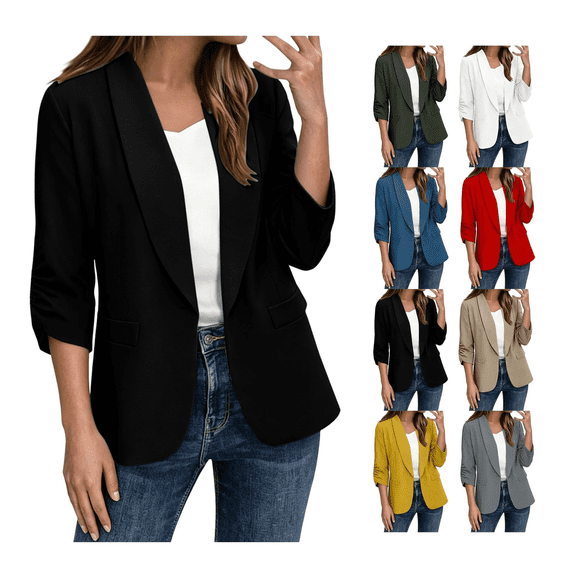 Blazers for Women Business Casual Blazer Jackets Lapel Collar 3/4 Ruched Sleeve Work Suits Coats with Pockets