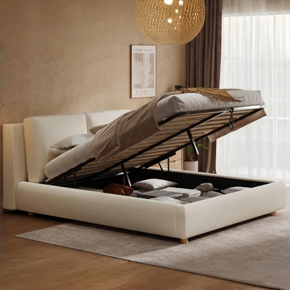 King Size(76''×80'') Ottoman Hydraulic Lift Storage Platform Bed, Luxurious Boucle fabric Upholstered Bed, 2 Removable-Cover Cushions, Sturdy Storage Bed Frame for Bedroom, Warm White
