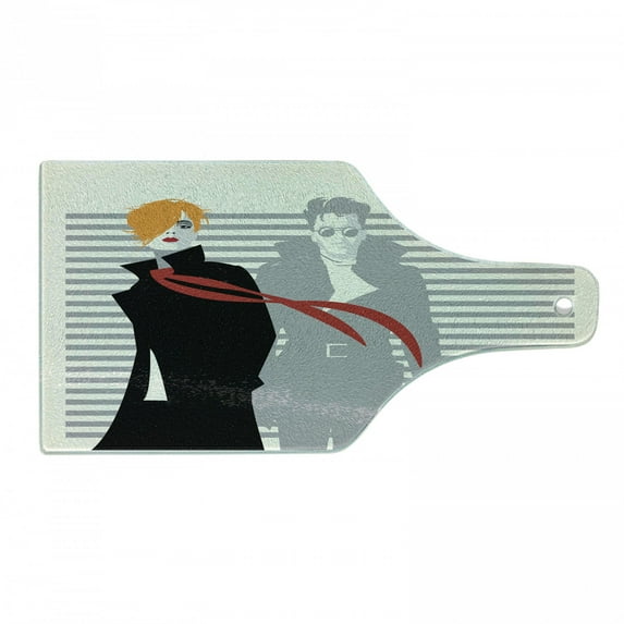 Abstract Woman Cutting Board, Contemporary Lady and a Man on Stripes, Decorative Tempered Glass Cutting and Serving Board, in 3 Sizes, by Ambesonne