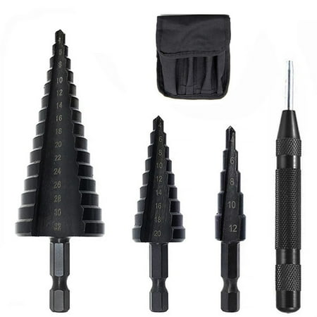 

BAMILL 4pcs 4-12/20/32mm Hex Shank HSS Nitrogen Step Drill Bit Set for Metal Drilling
