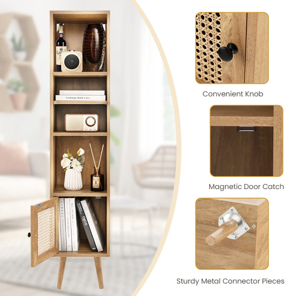 Finihen Storage Cabinet, Sideboard Storage Cabinet, 4 Tiers Rattan Storage Cabinet with Slim Design, for Living Room, Bedroom, Entryway, Natural