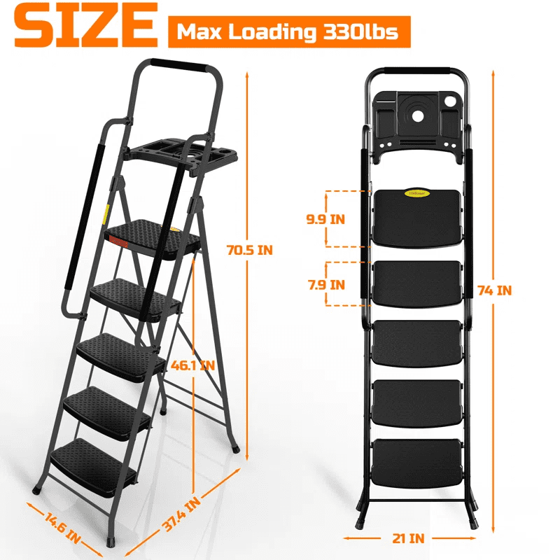 ASoopher 5 Step Ladder with Tool Tray and Handrails, Folding Stool with Wide Anti-Slip Pedal, Tool Platform, Sturdy Steel Ladder, Black