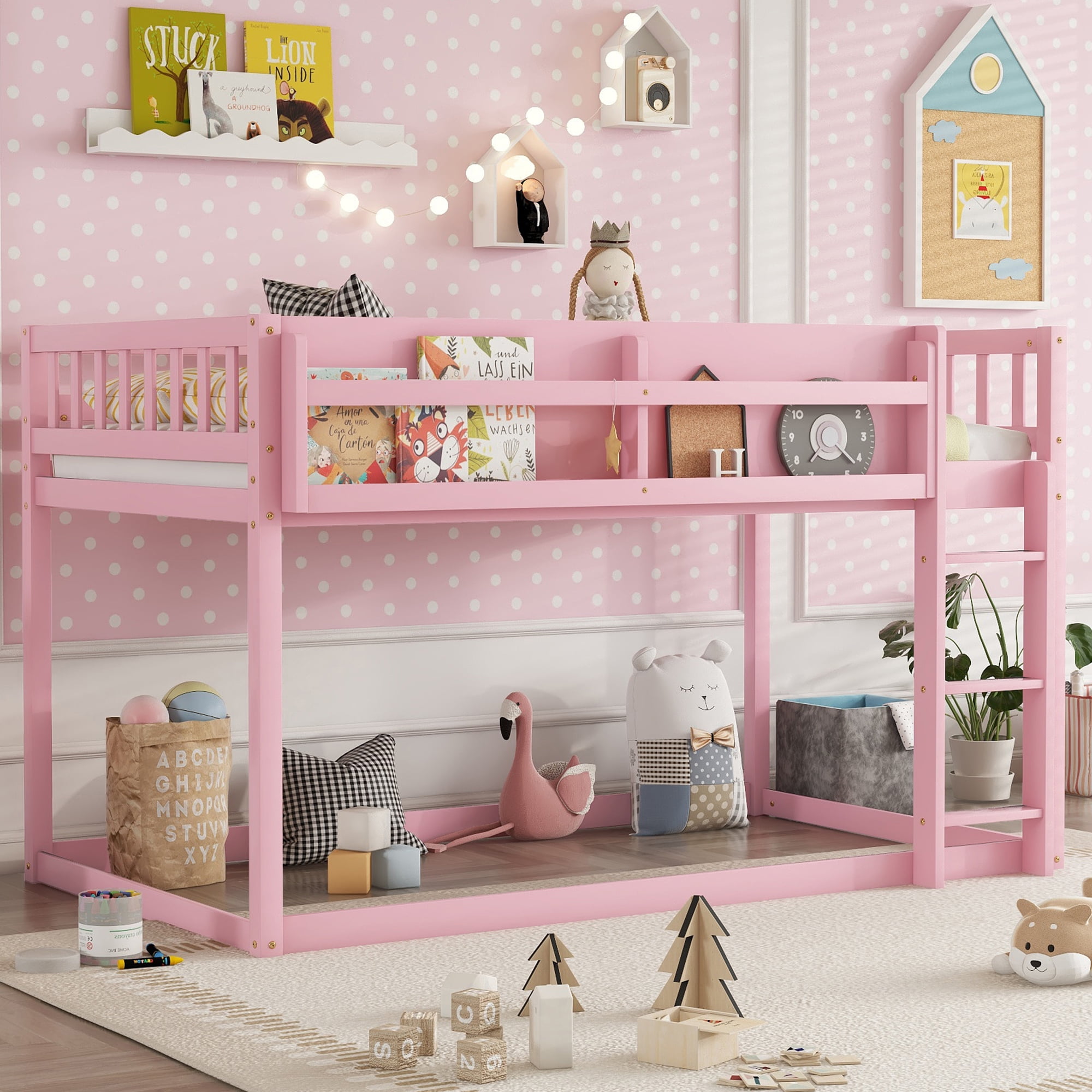 HOQBN Bunk Bed Twin Over Twin,Solid Wood Low Floor Bunk Bed with Ladder,Pink