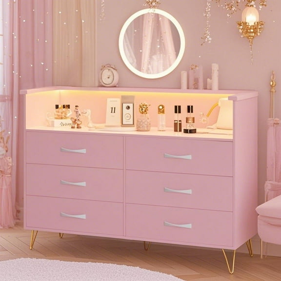 Accreate Dresser for Bedroom with LED Lights – 6 Drawer Dressers with Charging Station, Wood Storage Chest for Entryway