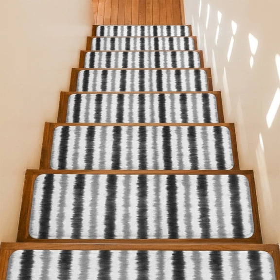 Abstract Gray Black Stripes Stair Treads Non Slip for Steps Rustic Watercolor Denim Striped Minimalist 4 Pcs Reusable Adhesive Stair Runner Mats for Dogs Elders Treads Rugs for Staircase 8x30 In