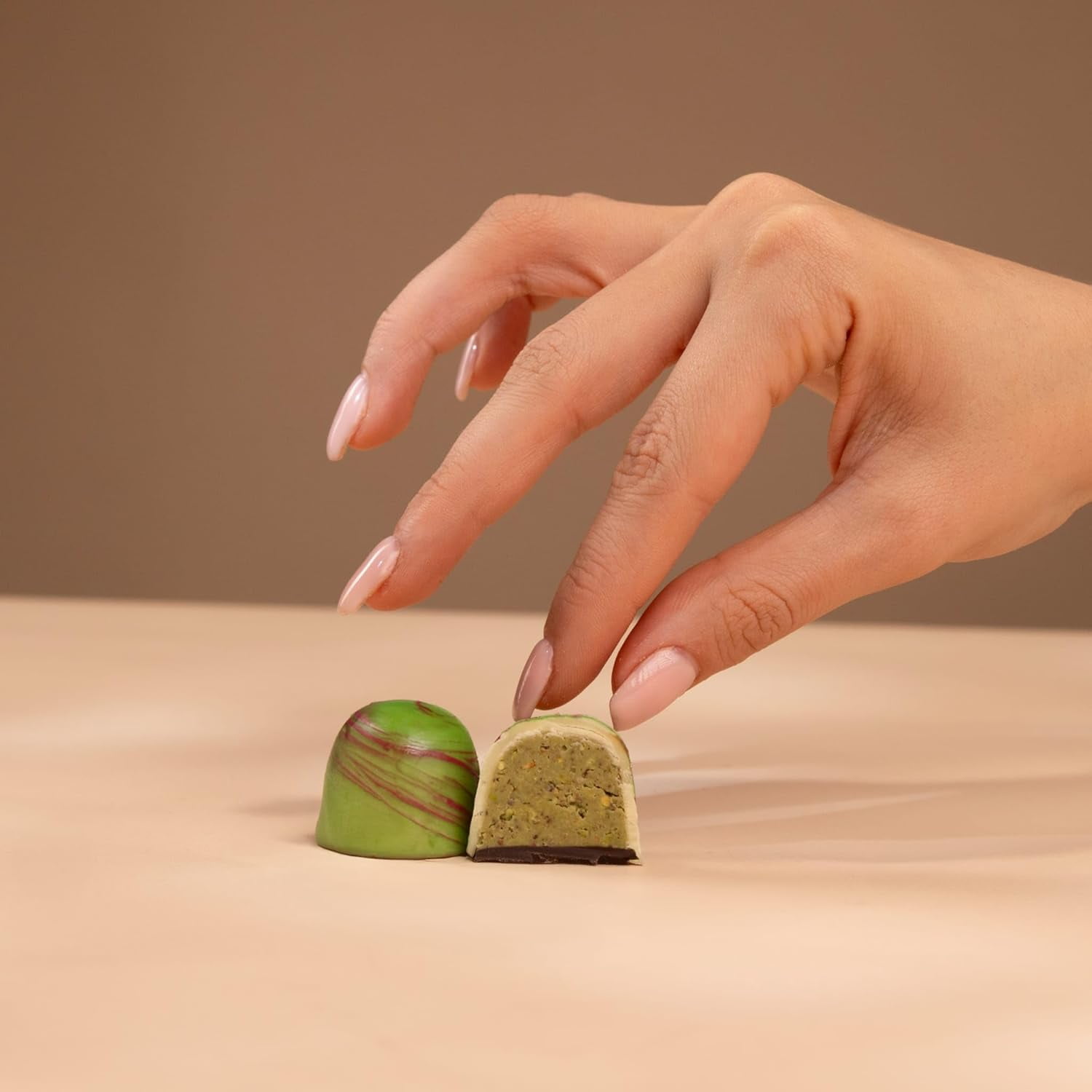 OMNIYA Delicacy Chocolate Galaxy Bonbon Artisan Filled Caramel Green Crème Pistachio 20 Count Mini