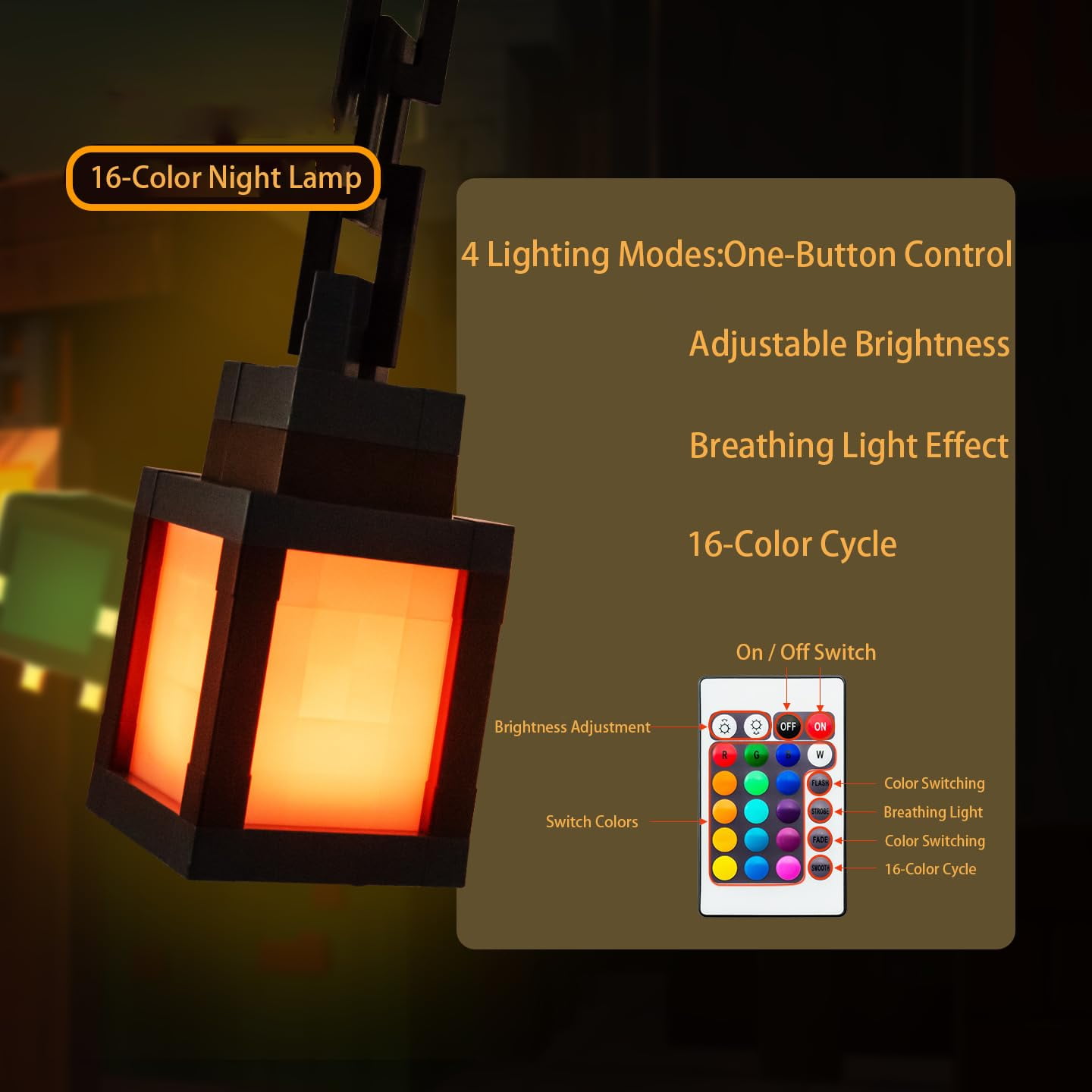 Pixelated Lantern Night Light, 16 Colors Rechargeable LED Lamp with Remote, Retro Pixel Style Table/Wall Light for Bedroom Gaming Kids Room Decor