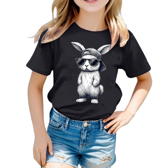Bunny Face with Sunglasses Cap Easter T-Shirt Day for Kids T-Shirt Easter Shirts Bunny Tshirt Short Sleeve Tee Funny Rabbit Graphic Top Basic Base Shirt for Boy Girl