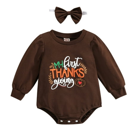 

Rovga Toddler Girls Clothing Thanksgiving Boys Girls Long Sleeve Cartoon Prints Triangle Romper Bodysuits Headband Outfits