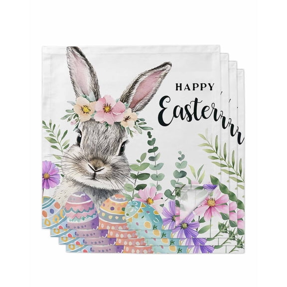nqOlkjepod Happy Easter Bunny Cloth Napkins Set of 4 Reusable Dinner Napkins, Spring Floral Rabbit Cocktail Napkin Washable Table Napkins for Wedding/Holiday Party/Baby Shower 20"x20"