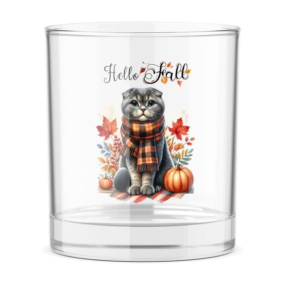 Hello Fall Scottish Fold Scarf Welcome Autumn with Leaves Pumpkins 11oz Whiskey Glass Mug Cat Lover Kitten Owner Gifts Whiskey Cocktail Glasses Cup - 00011