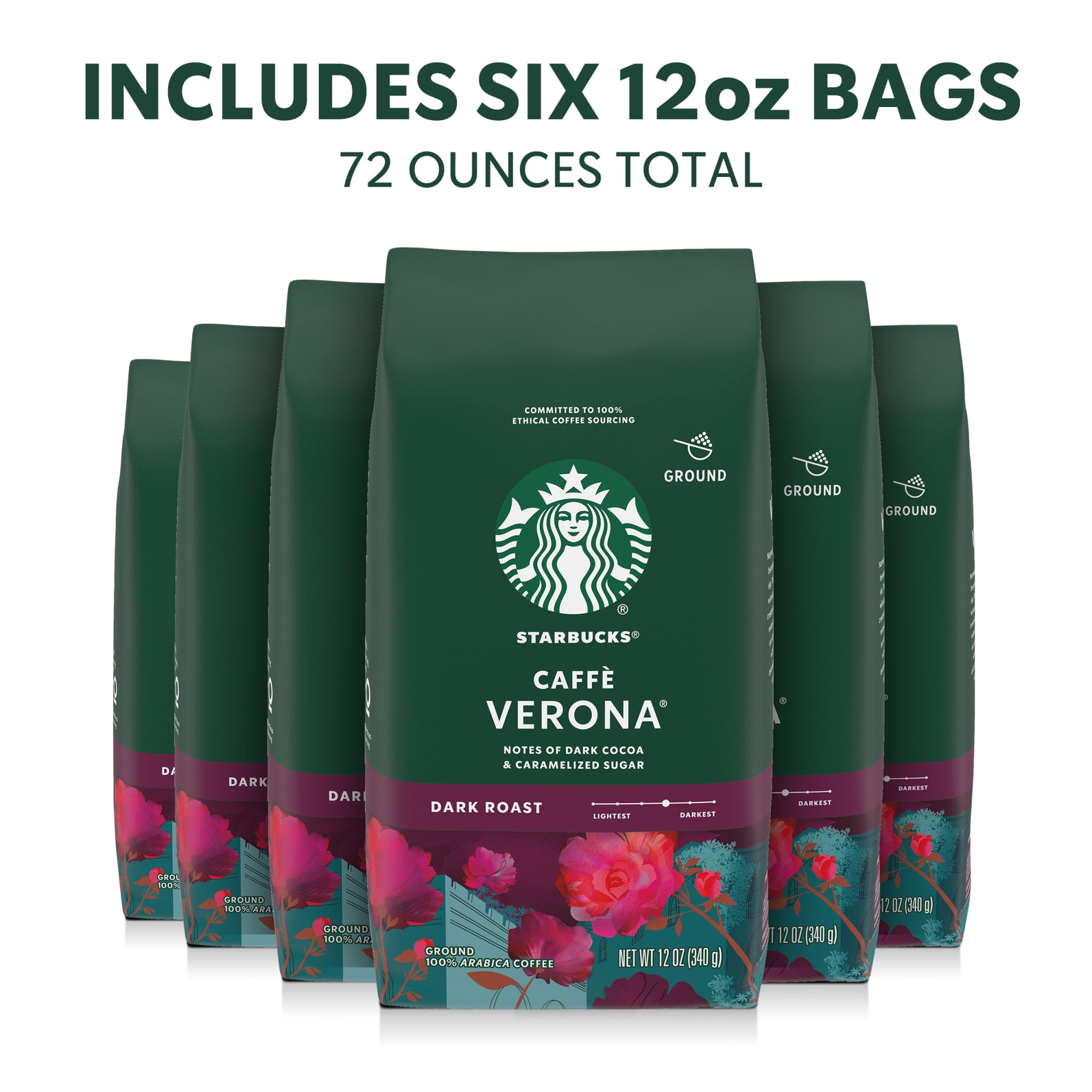 (6 pack) Starbucks Caffè Verona, Ground Coffee, Dark Roast Hot or Iced Coffee, 12 oz