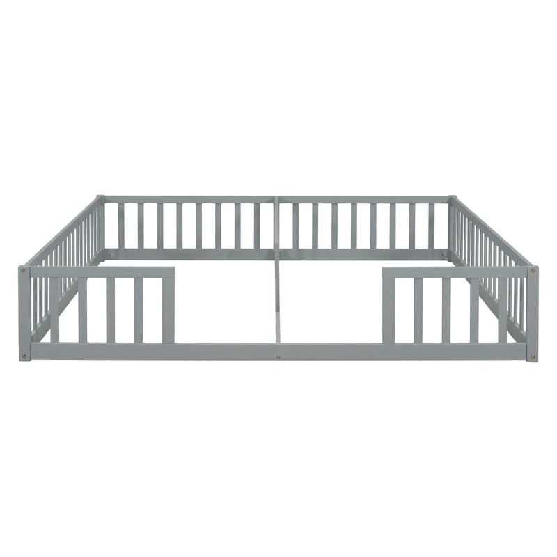 Mirightone Floor Bed for 2 , Wooden Double Twin Bed for Two , Box Spring Needed,Montessori Bed Frame with Fence Railings,&nbsp;Grey