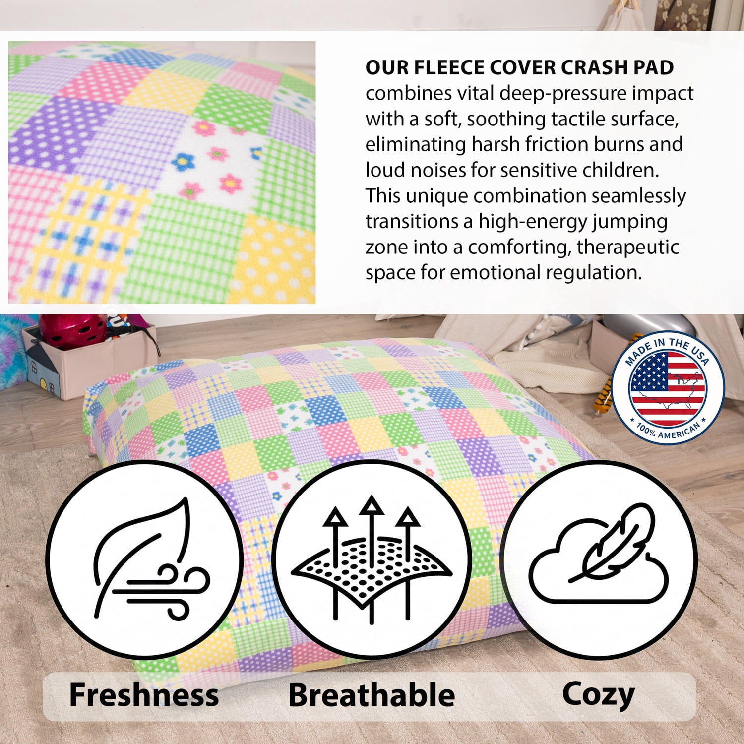 48" x 48" Sensory Crash Pad for Kids & Adults, Soft Fleece Landing Mat with Foam Blocks, Non-Slip Base, Removable Washable Cover for Jumping, Playing and Relaxing