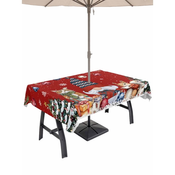 Outdoor Tablecloth with Umbrella Hole and Zipper, Red Christmas Rectangle Table Cloth 60x120 Inch Waterproof Tablecloth, Gnomes Poinsettia Snowflakes Pine Branches Picnic Table Cover for Patio