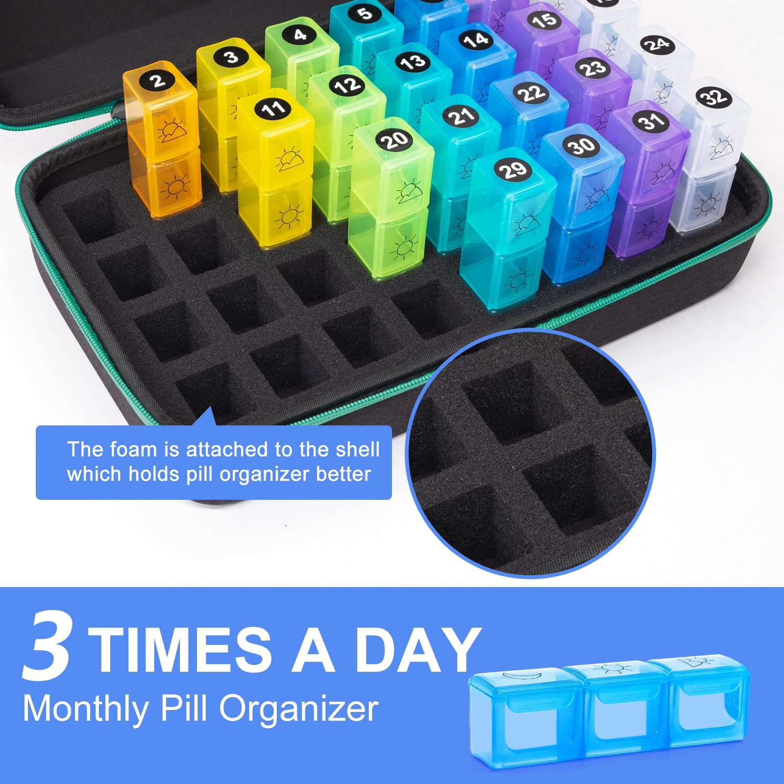 BEFUNZL Monthly Pill Organizer 3 Times a Days, Medicine Organizer Box with Portable Hard Shell and Pill Cutter, 31 Day Pill Box with Monthly and Weekly Sticker