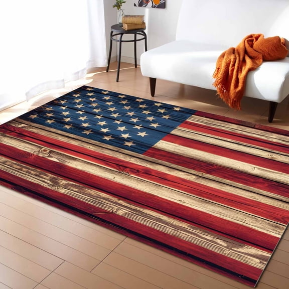 Area Rugs Indoor Non-Slip Rectangle Rug 5x7 Ft Independence Day Stars Stripes American Flag Wood Grain Rug Rubber Backing Floor Mats Non Shedding Home Decor Carpet for Entryway Living Room