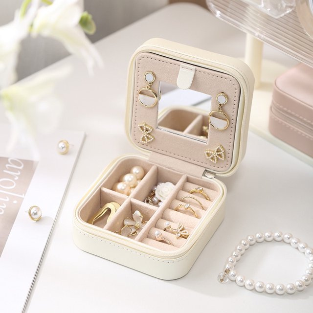 Joyero de viaje portátil con espejo de piel sintética para pendientes, caja de almacenamiento para anillos y joyas