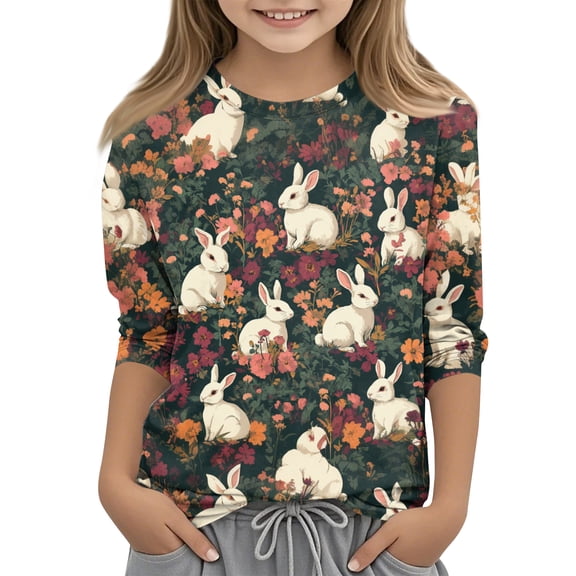 YOUYEDIAN Easter 3/4 Length Sleeve Shirts for Girls Funny Cute Eggs Graphic Tops Casual Crewneck Shirts (Red, 11-12 Years)