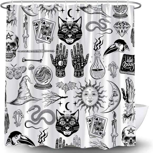 shiyou-Halloween Shower Curtain Gothic Tarot Boho Palmistry Mysterious Black Cat Horror Magic Spooky Skull Sun Moon Vintage Witchcraft Cool Fabric Home Decor Bathroom Curtain Set with Hooks