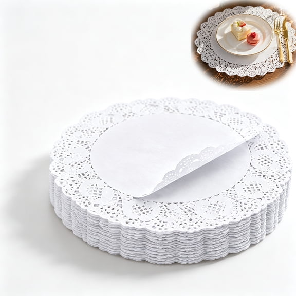 Lace Paper Placement, 12 inch Round White Paper Placement, Disposable Paper Placemats, for Wedding, Birthday, Cakes, Desserts, Tableware Food Decoration, Pack of 100