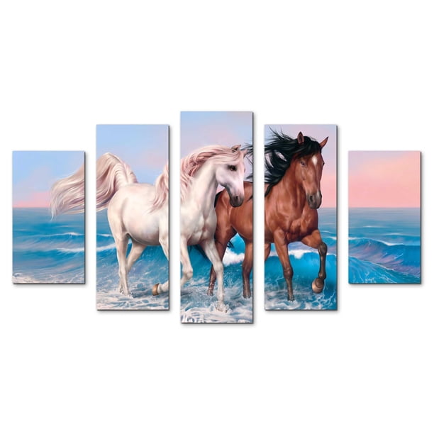 Cuadro decorativo para Sala, Comedor y Recamara, Pareja de Caballos, Paisaje, Mar, minimalista, moderno, elegante, juego de 5 piezas