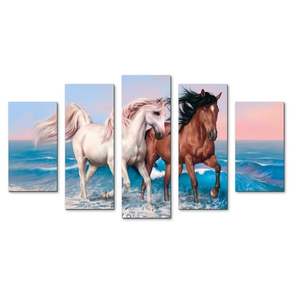 Cuadro decorativo para Sala, Comedor y Recamara, Pareja de Caballos, Paisaje, Mar, minimalista, moderno, elegante, juego de 5 piezas