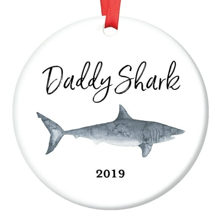 Dad Christmas Ornament - Daddy Shark Gift Ornament 2019 Holiday Amusing Ceramic Christmas Present for Dad Father Papa from Son Daughter Children Kids 3